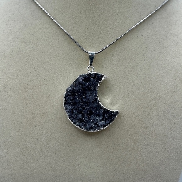 None Jewelry - Silver Plated Druzy Amethyst Crescent Moon Pendant Necklace on Snake Chain